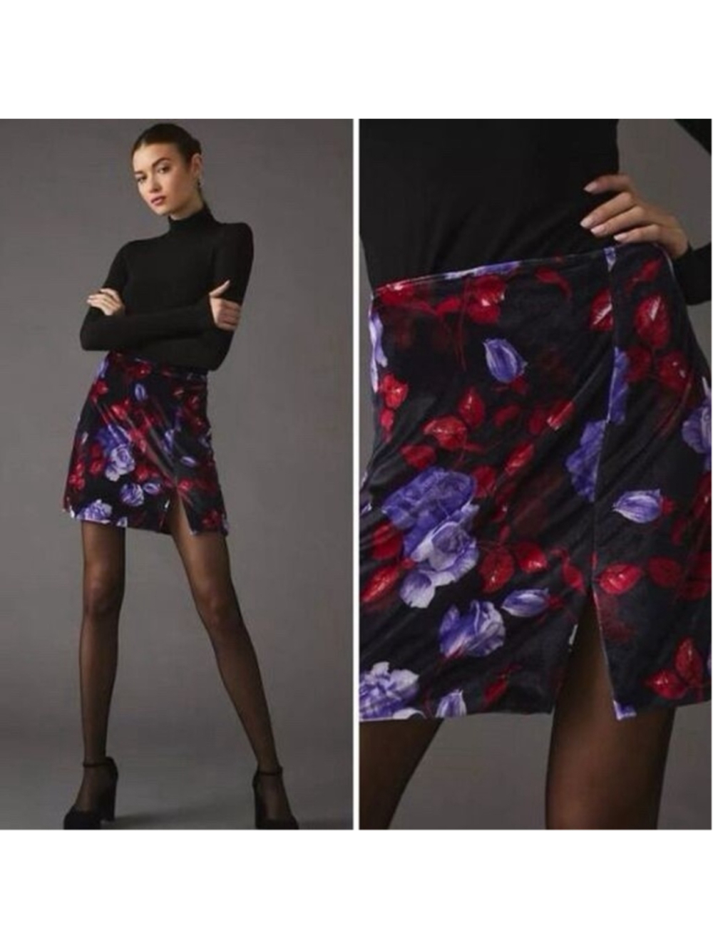 Meave Anthropologie Velvet Floral Micro Mini Skirt Whimsy Goth Dark Slit 16